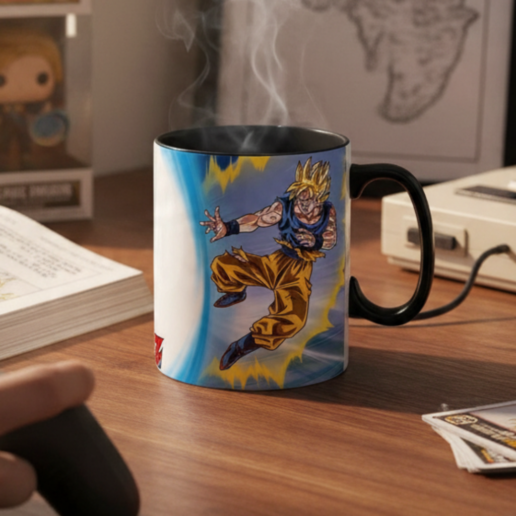 Fans Geek Store Dragon Ball Z heat-sensitive ceramic mug featuring Goku charging a Spirit Bomb against Buu