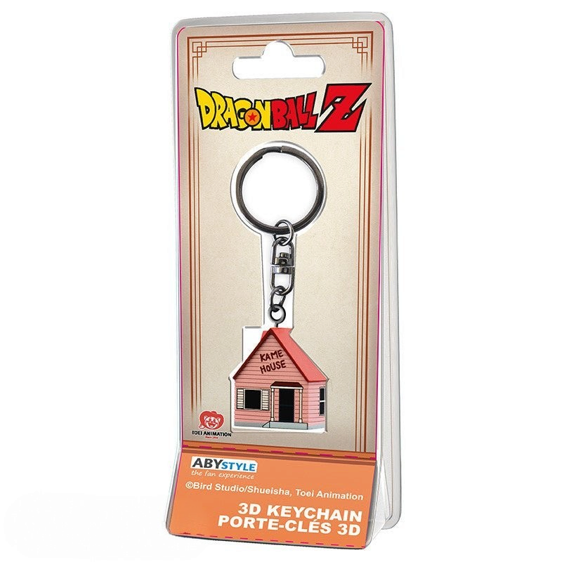 Fans Geek Store Dragon Ball Z 3D Kame House keychain in original blister packaging with pink walls and red roof