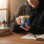 Fans Geek Store ceramic Dragon Ball Z mug featuring Goku and Vegeta, held by a person at a desk with anime figures.