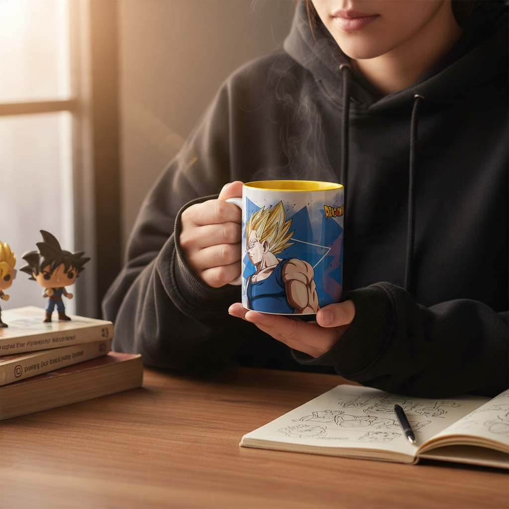 Fans Geek Store ceramic Dragon Ball Z mug featuring Goku and Vegeta, held by a person at a desk with anime figures.