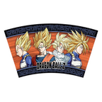 Fans Geek Store Dragon Ball Z cup wrap featuring Super Saiyan Goku, Vegeta, Gohan, and Trunks on an orange background