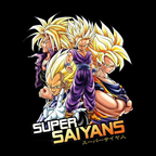 Fans Geek Store black cotton T-shirt featuring Goku, Gohan, and Vegeta as Super Saiyans with vibrant anime graphics