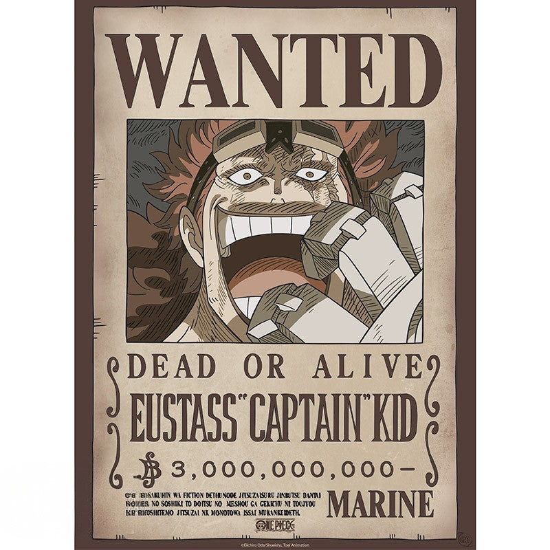 Fans Geek Store One Piece Wanted poster featuring a chibi illustration of Eustass Kid on laminated paper