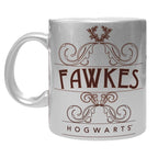 Fans Geek Store Harry Potter Fawkes phoenix ceramic mug with a metallic silver finish and decorative brown text