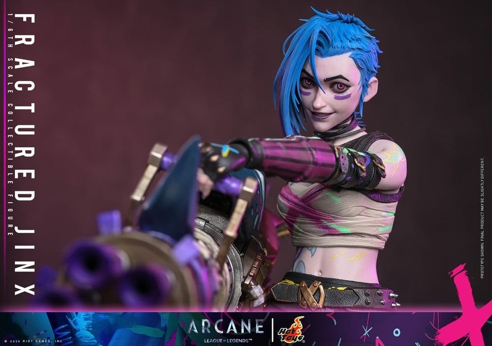 Fans Geek Store Hot Toys 1/6 scale Fractured Jinx action figure from Arcane with blue hair and detailed neon outfit
