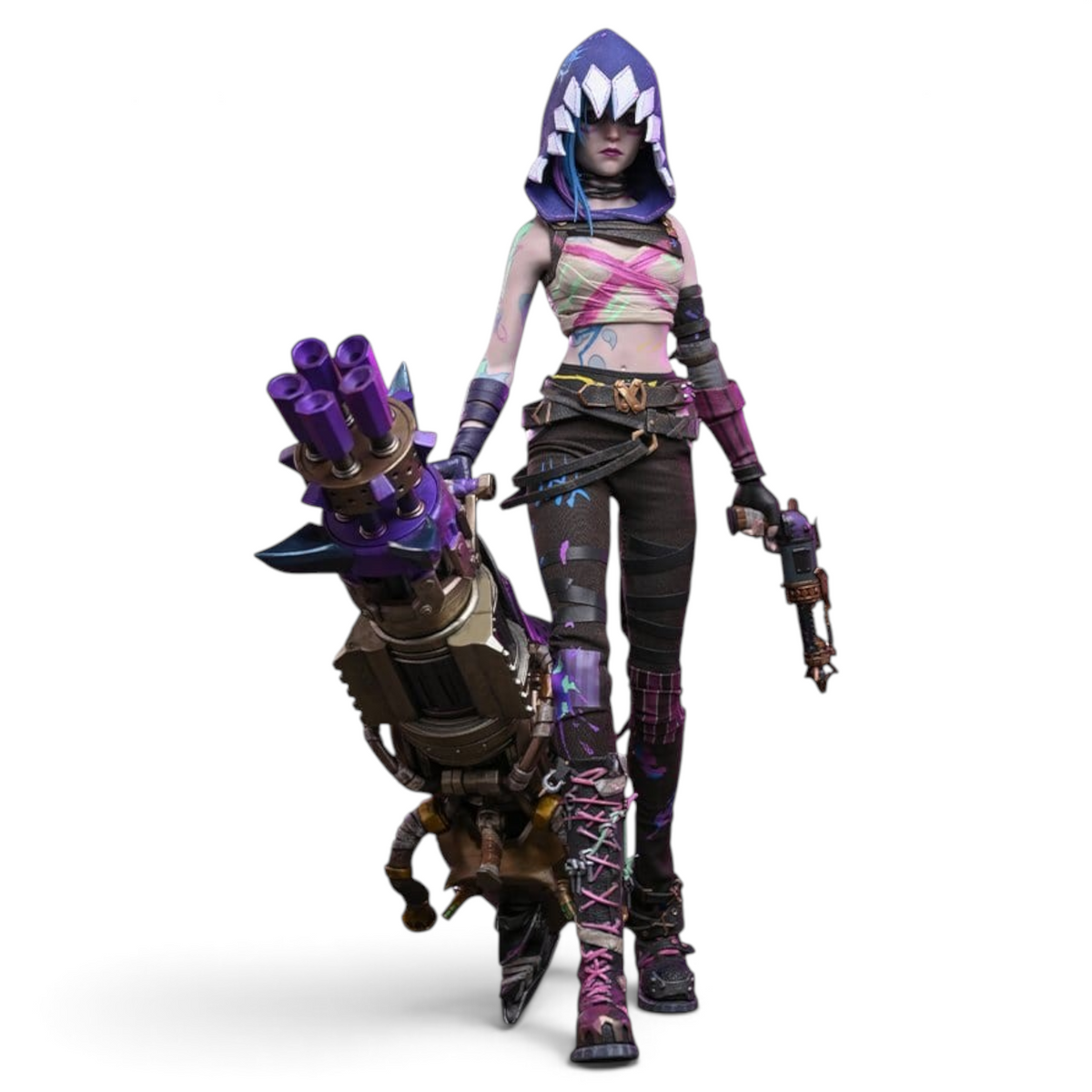 Fans Geek Store 1/6 scale Fractured Jinx action figure from Arcane wearing a neon-grunge outfit with her Rhino Gun.