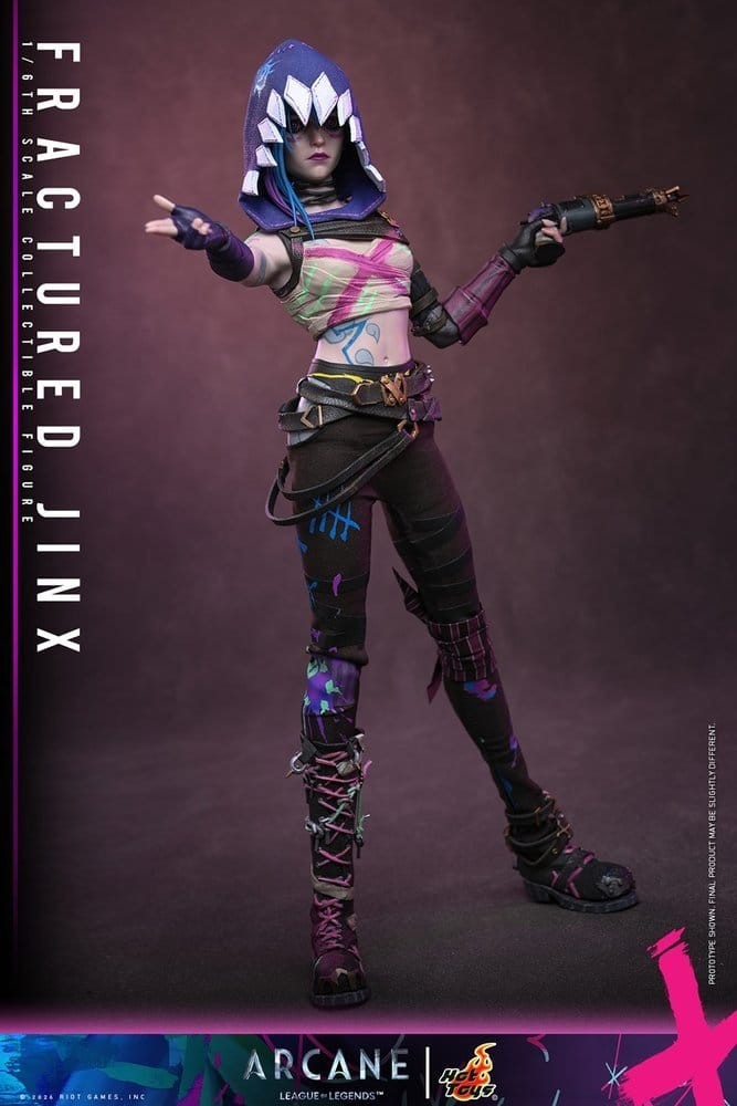 Fans Geek Store 1/6 scale Fractured Jinx action figure from Arcane wearing a neon-grunge outfit with hood and weapons
