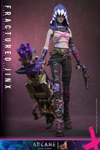 Fans Geek Store Hot Toys 1/6 scale Fractured Jinx action figure from Arcane with neon grunge outfit and heavy weapon
