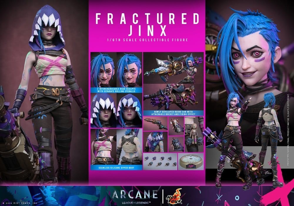 Fans Geek Store Hot Toys 1/6 scale Fractured Jinx action figure from Arcane with interchangeable heads and accessories