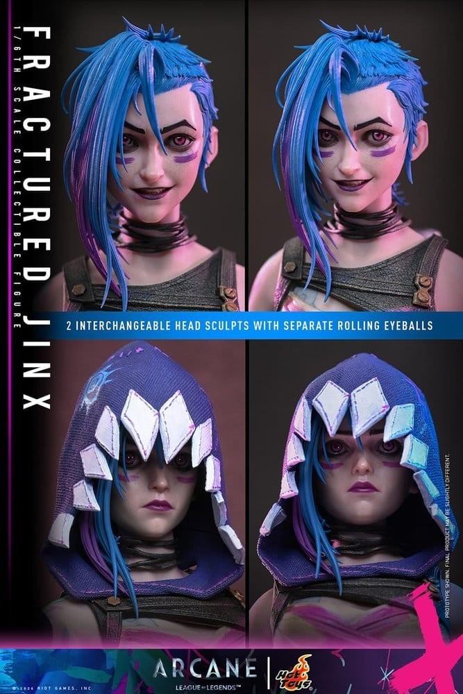 Fans Geek Store Hot Toys 1/6 scale Fractured Jinx action figure showing two interchangeable head sculpts with blue hair