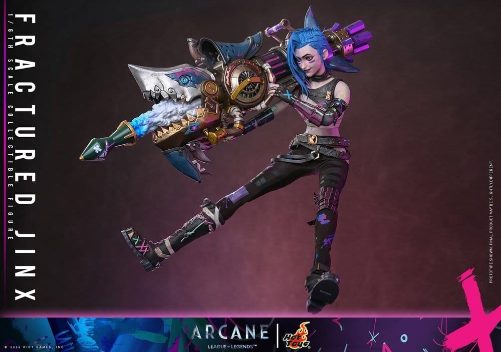 Fans Geek Store 1/6 scale Fractured Jinx action figure from Arcane holding her iconic Rhino Gun weapon