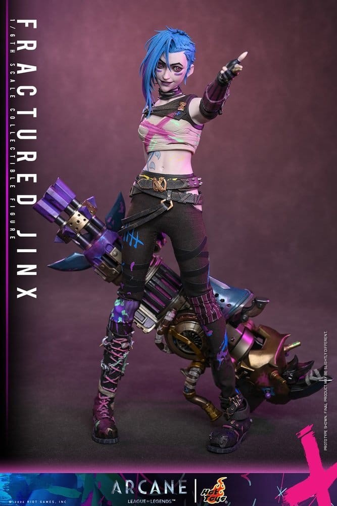 Fans Geek Store Hot Toys 1/6 scale Fractured Jinx action figure from Arcane with blue hair and neon grunge outfit