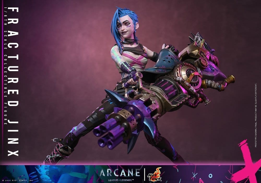 Fans Geek Store 1/6 scale Fractured Jinx action figure from Arcane with neon grunge outfit and detailed Rhino Gun