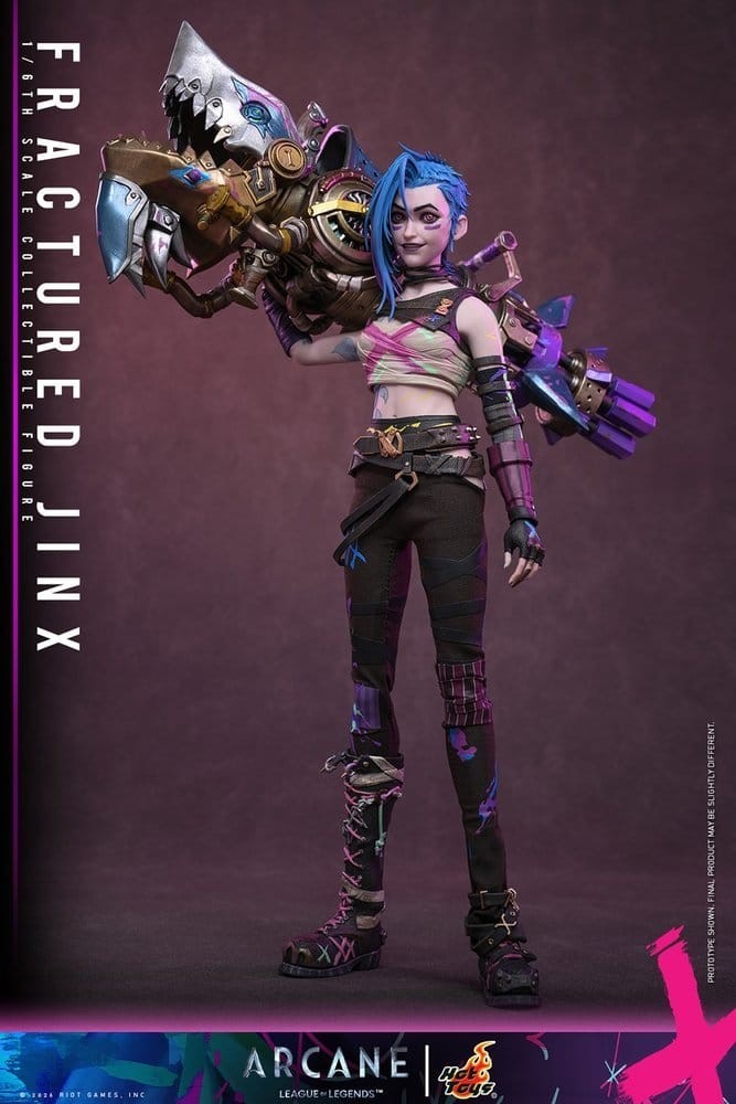 Fans Geek Store Hot Toys 1/6 scale Fractured Jinx action figure from Arcane with neon grunge outfit and Rhino Gun