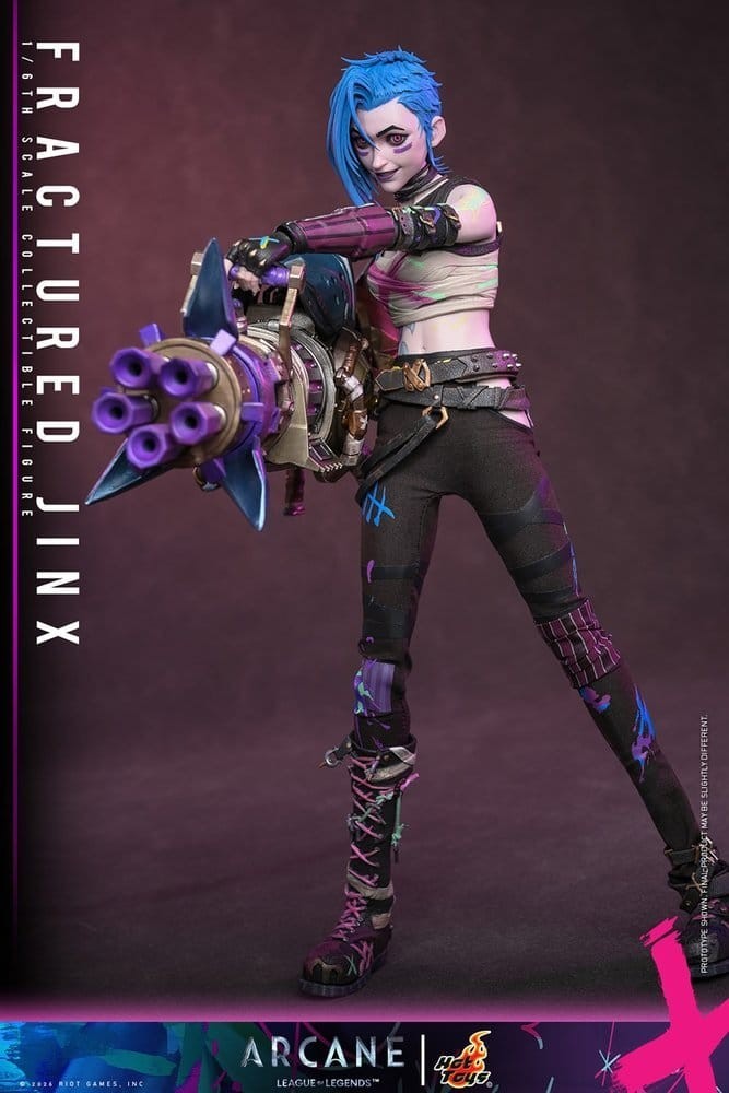 Fans Geek Store 1/6 scale Fractured Jinx action figure from Arcane with blue hair, neon grunge outfit, and Rhino gun.