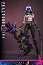 Fans Geek Store 1/6 scale Fractured Jinx action figure from Arcane with neon grunge outfit and large Rhino Gun weapon
