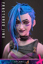 Fans Geek Store Hot Toys 1/6 scale Fractured Jinx action figure from Arcane with blue hair and detailed face sculpt