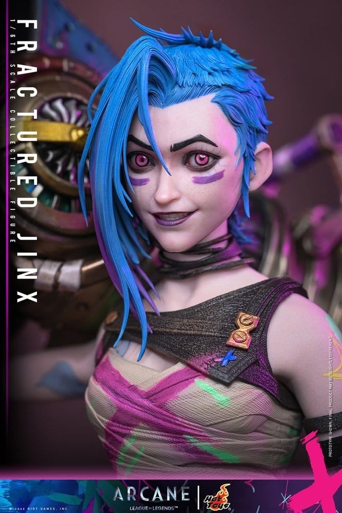 Fans Geek Store 1/6 scale Fractured Jinx action figure from Arcane with blue hair and detailed neon-grunge outfit