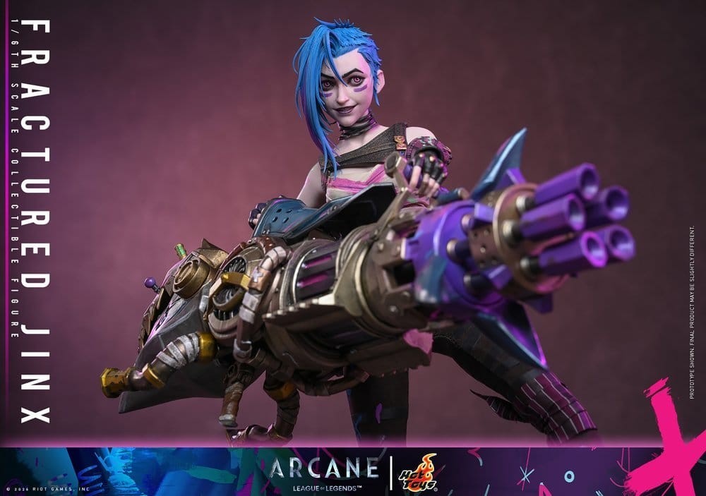 Fans Geek Store 1/6 scale Fractured Jinx action figure from Arcane holding a large purple and metallic Rhino Gun