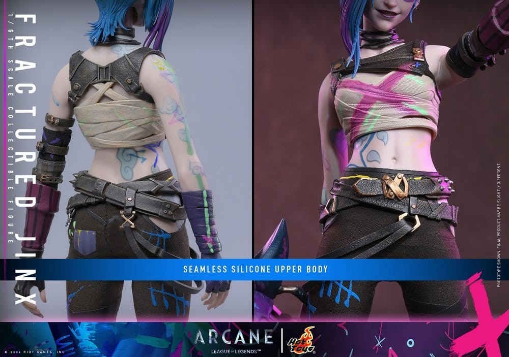 Fans Geek Store 1/6 scale Fractured Jinx action figure showing seamless silicone upper body and neon grunge details