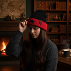 Fans Geek Store black and red Game of Thrones beanie with embroidered logo worn by a woman in a cozy library setting