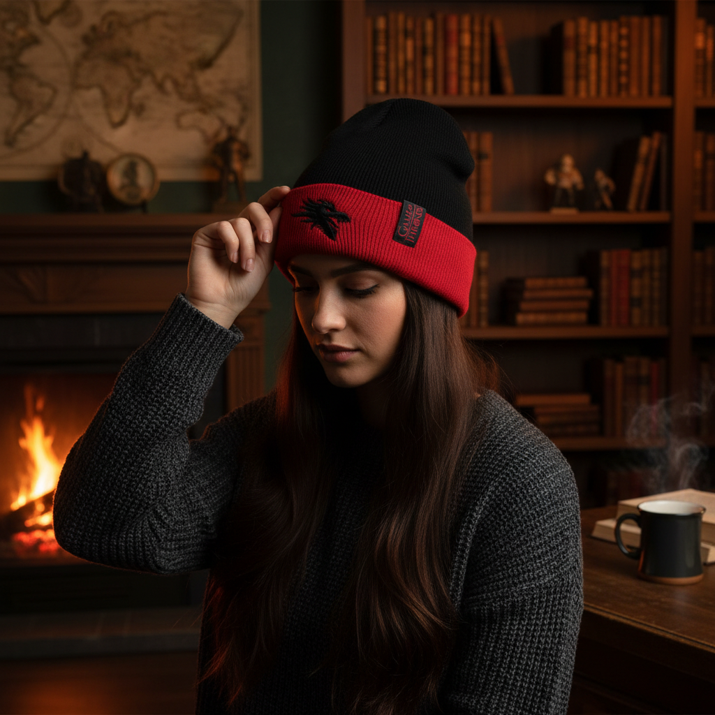Fans Geek Store black and red Game of Thrones beanie with embroidered logo worn by a woman in a cozy library setting