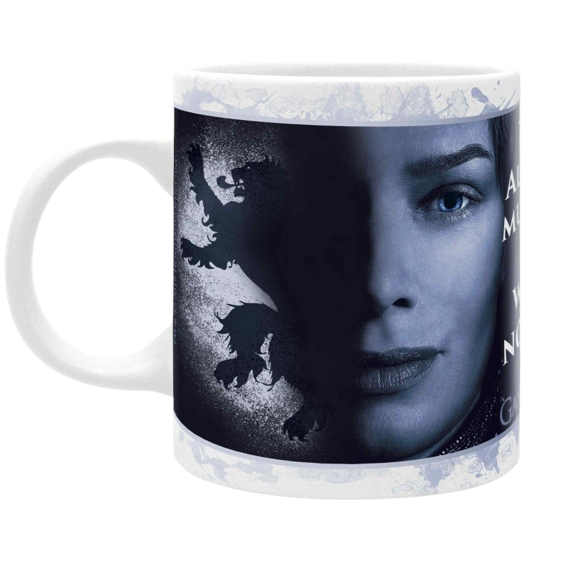 Fans Geek Store Game of Thrones ceramic mug featuring a portrait of Cersei Lannister and a lion silhouette