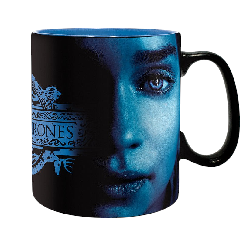 Fans Geek Store Game of Thrones ceramic mug featuring a blue-toned portrait of Daenerys Targaryen and the series logo