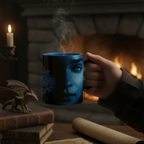 Fans Geek Store ceramic Game of Thrones mug featuring Daenerys Targaryen, held in a hand by a cozy fireplace.