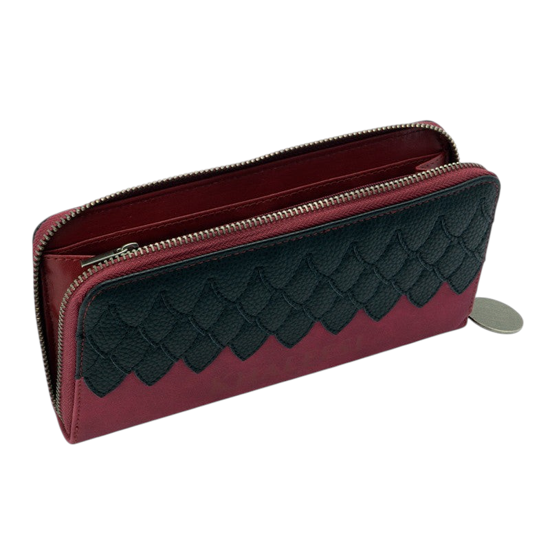 Fans Geek Store Game of Thrones Khaleesi suede zip wallet in red and black with dragon scale embossed detail