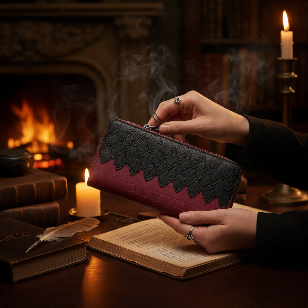 Fans Geek Store Game of Thrones Khaleesi wallet in burgundy and black suede with dragon scale embossing and zipper