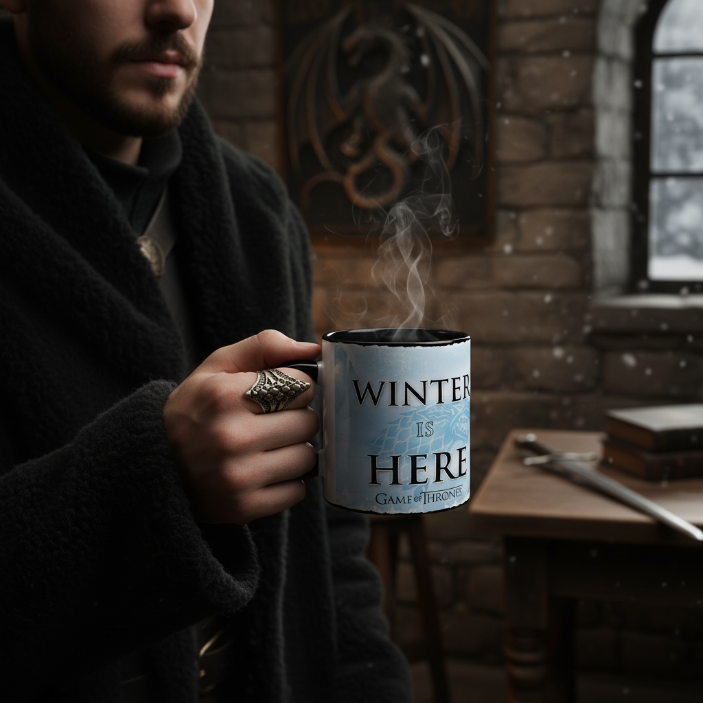 Fans Geek Store Game of Thrones heat-sensitive ceramic mug with Winter is Here design held by a man in a dark robe