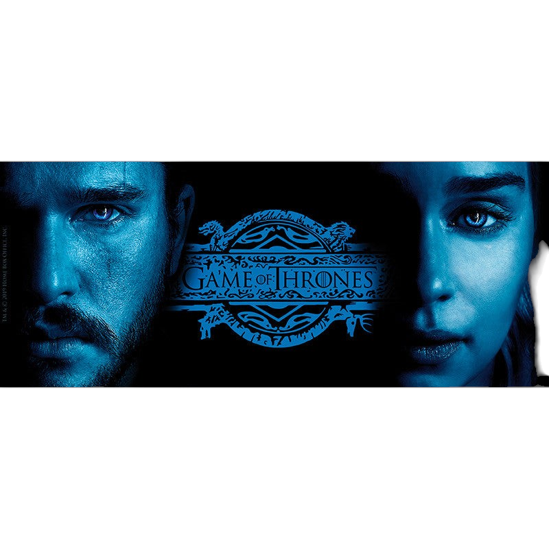 Fans Geek Store Game of Thrones ceramic mug featuring blue-toned portraits of Jon Snow and Daenerys Targaryen