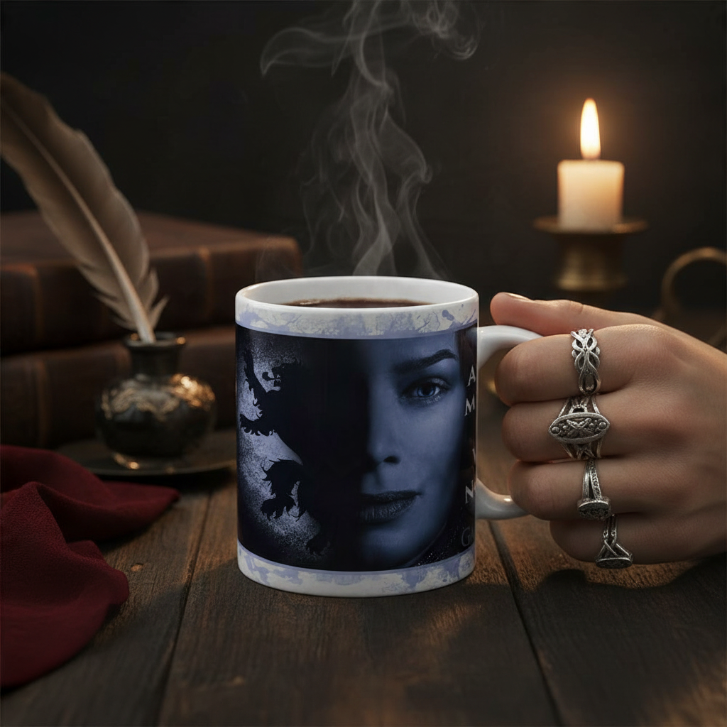 Fans Geek Store Game of Thrones 2 Queens ceramic mug with matte finish held by a hand with silver rings