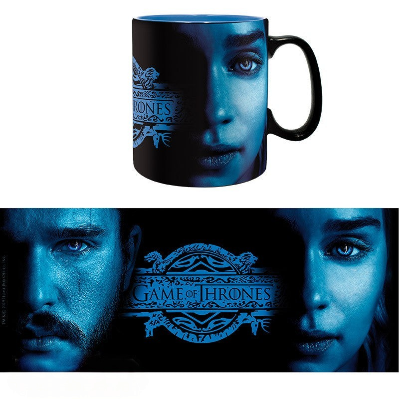 Fans Geek Store Game of Thrones ceramic mug featuring blue-toned portraits of Jon Snow and Daenerys Targaryen