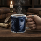 Fans Geek Store Game of Thrones 2 Queens ceramic mug with matte finish, held by a hand on a wooden desk with a candle.
