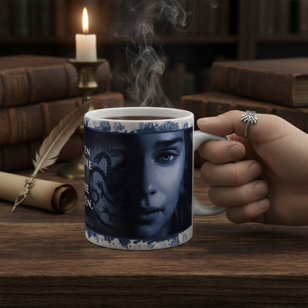Fans Geek Store Game of Thrones 2 Queens ceramic mug with matte finish, held by a hand on a wooden desk with a candle.