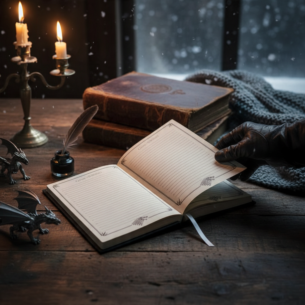Fans Geek Store Game of Thrones House Stark notebook with lined pages, quill, and dragon figurines on a wooden desk.