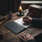 Fans Geek Store Game of Thrones House Stark A5 notebook with lined pages and wolf emblem on a rustic wooden desk