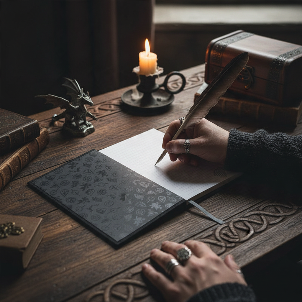Fans Geek Store Game of Thrones House Stark A5 notebook with lined pages and wolf emblem on a rustic wooden desk