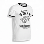 Fans Geek Store white Game of Thrones House Stark ringer t-shirt with black trim and wolf sigil graphic