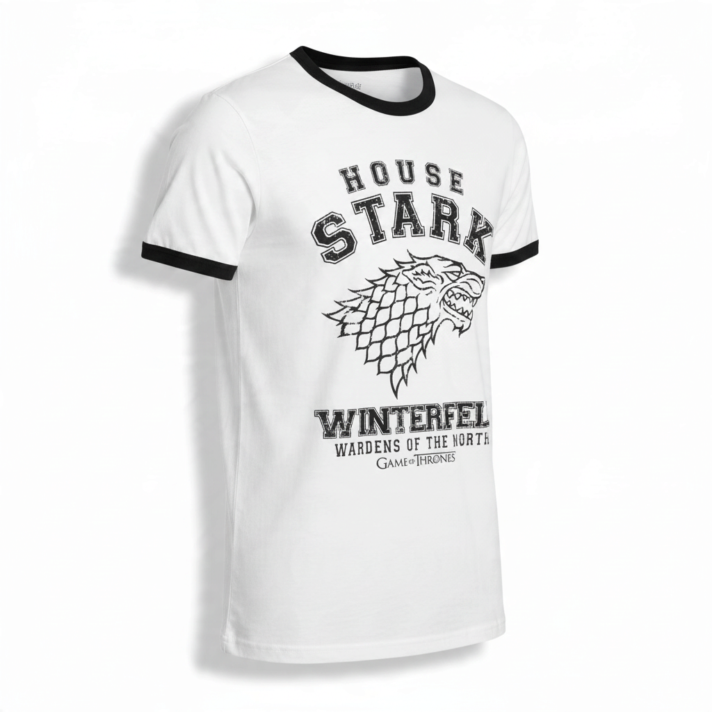 Fans Geek Store white Game of Thrones House Stark ringer t-shirt with black trim and wolf sigil graphic