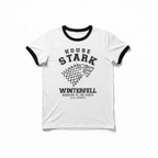 Fans Geek Store white Game of Thrones House Stark ringer T-shirt with black trim and Winterfell wolf emblem