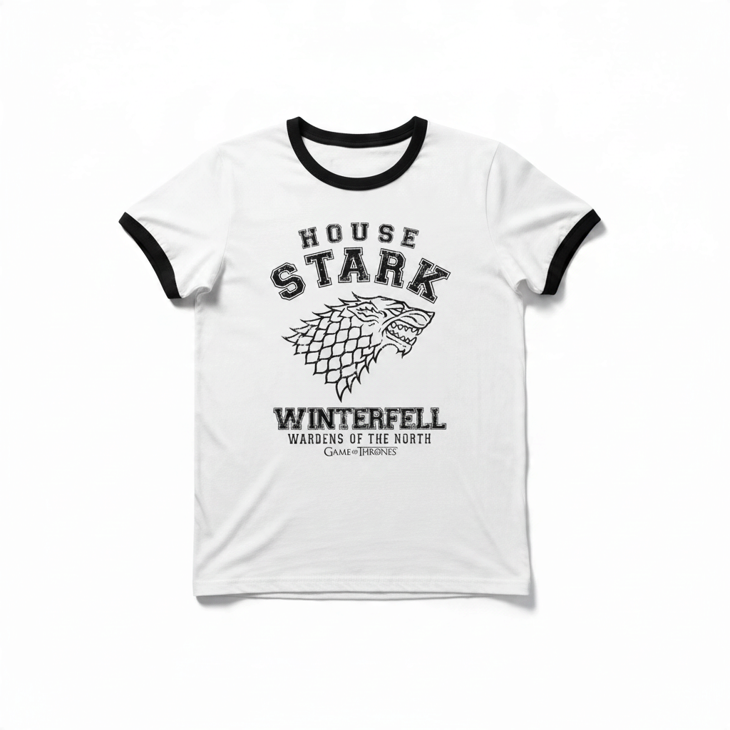 Fans Geek Store white Game of Thrones House Stark ringer T-shirt with black trim and Winterfell wolf emblem