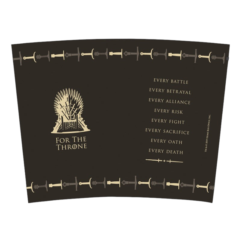 Fans Geek Store Game of Thrones travel mug wrap featuring the Iron Throne and For The Throne text on black background