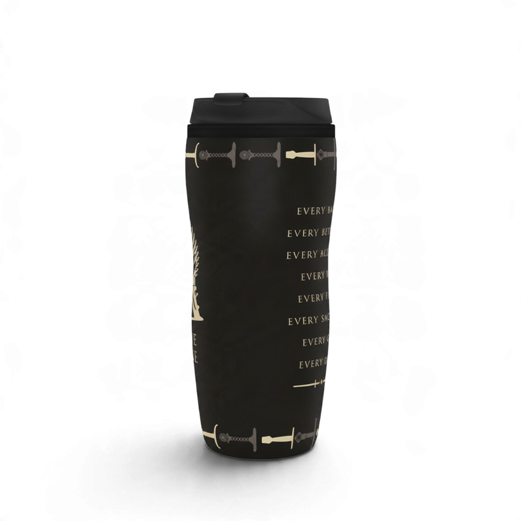 Fans Geek Store Game of Thrones Iron Throne travel mug in black plastic with sword motifs and 355ml capacity