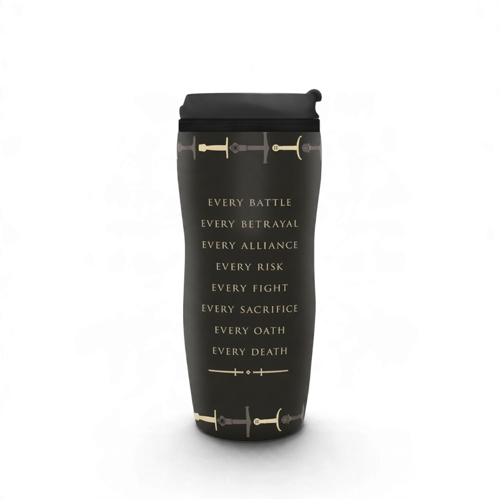 Fans Geek Store Game of Thrones travel mug in black plastic with sword motifs and Westeros quote text