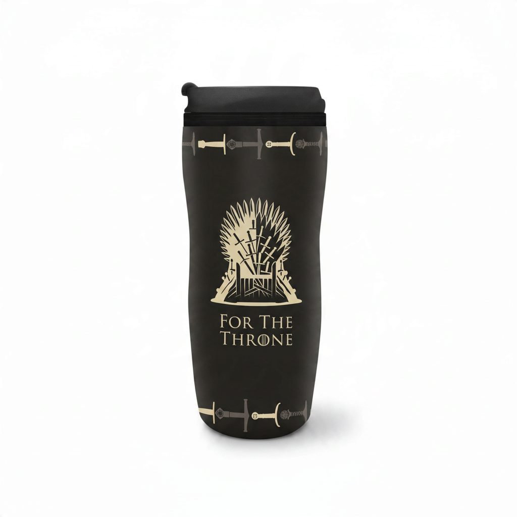 Fans Geek Store Game of Thrones travel mug featuring the Iron Throne and For The Throne text on a black background.