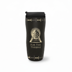 Fans Geek Store Game of Thrones travel mug featuring the Iron Throne and For The Throne text on a black background.