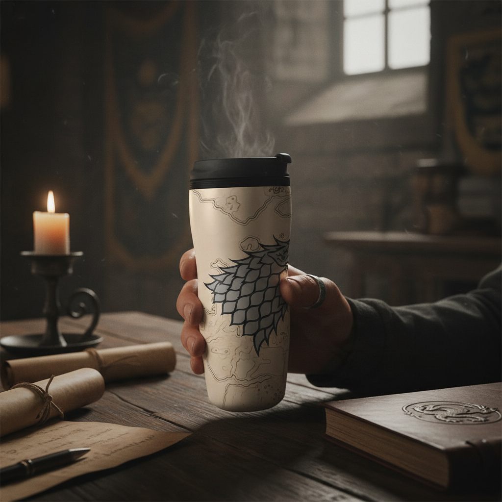 Fans Geek Store Game of Thrones Winter Is Coming travel mug with House Stark direwolf sigil held in a rustic room